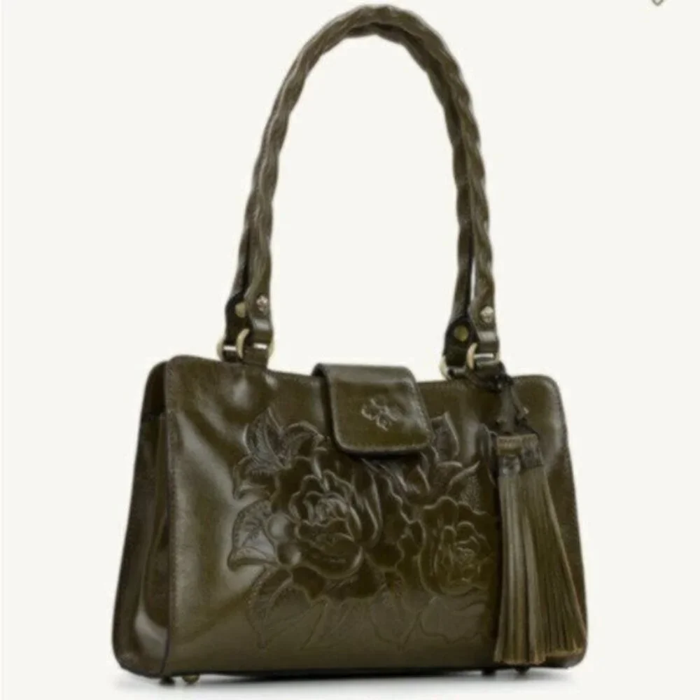 Patricia Nash Rienzo Satchel Vtg Rose Tooled Leather Soft Olive Green W Tassel